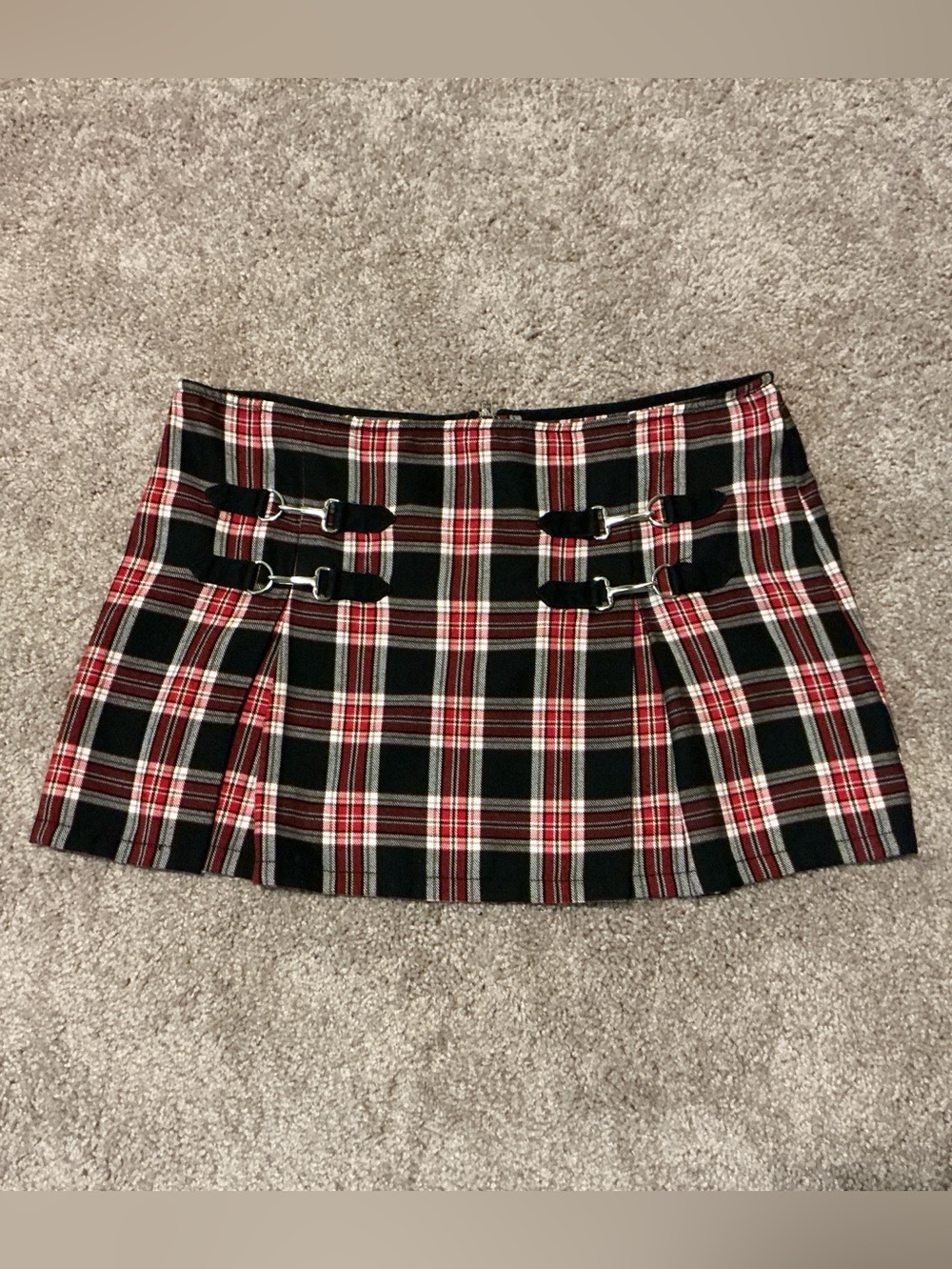 Vintage Y2K Tripp USA Red Plaid Pleated Mini Skirt-Buckles, Punk, Emo, Goth, Sk8